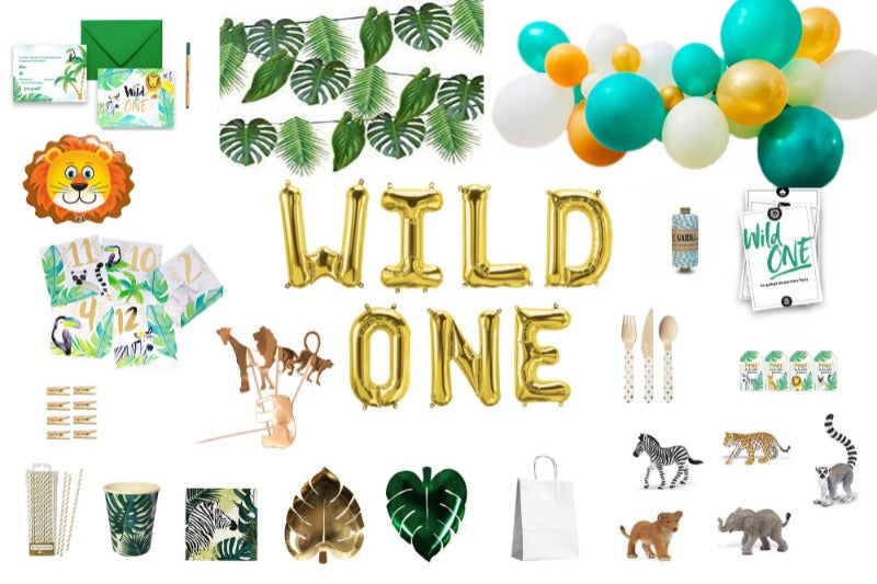 Bild der Wild One Party von in a box Übersicht mit Dekoration Ballongirlande Ballons Geschirr Mitgebsel und vieles mehr