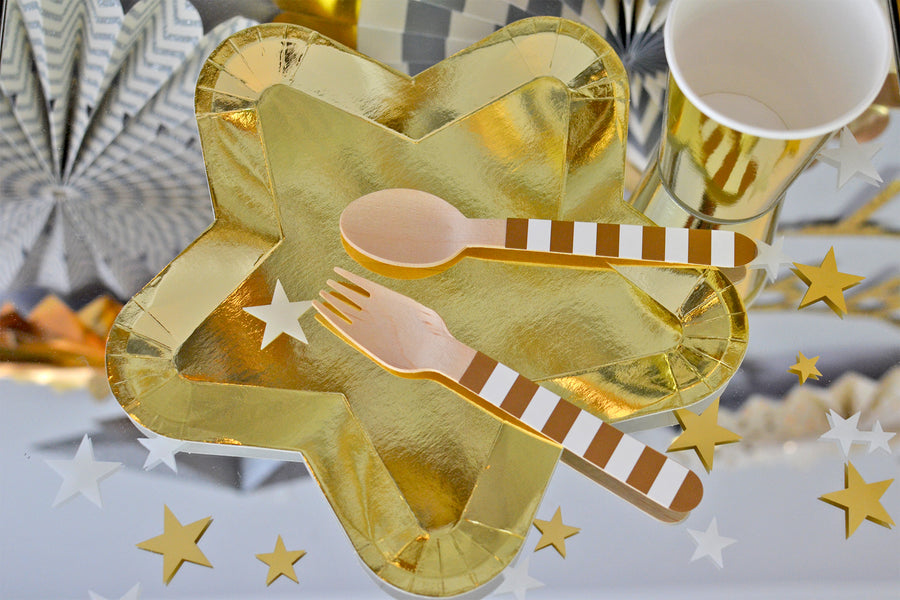Sparkling Xmas Party Goldene Stern-Teller Goldene Pappbecher Goldenes Holzbesteck