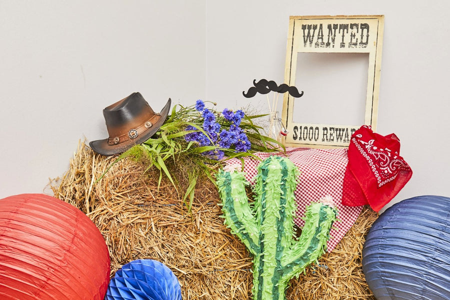 Bild der Yeehaw! Cowboy in a box Kindergeburtstag Deko Set Wilder Westen Banditen gesucht Wanted Poster und Lampions